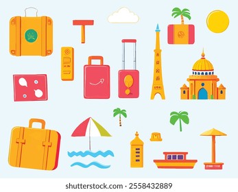 Explore the world with this captivating set of travel-themed vector icons. Featuring iconic elements such as airplanes, suitcases, passports, maps, landmarks, and beach scenes, each icon is meticulous