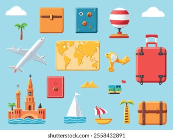 Explore the world with this captivating set of travel-themed vector icons. Featuring iconic elements such as airplanes, suitcases, passports, maps, landmarks, and beach scenes, each icon is meticulous