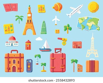 Explore the world with this captivating set of travel-themed vector icons. Featuring iconic elements such as airplanes, suitcases, passports, maps, landmarks, and beach scenes, each icon is meticulous