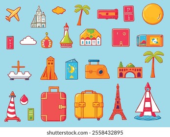 Explore the world with this captivating set of travel-themed vector icons. Featuring iconic elements such as airplanes, suitcases, passports, maps, landmarks, and beach scenes, each icon is meticulous