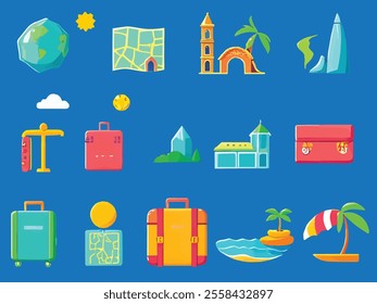 Explore the world with this captivating set of travel-themed vector icons. Featuring iconic elements such as airplanes, suitcases, passports, maps, landmarks, and beach scenes, each icon is meticulous