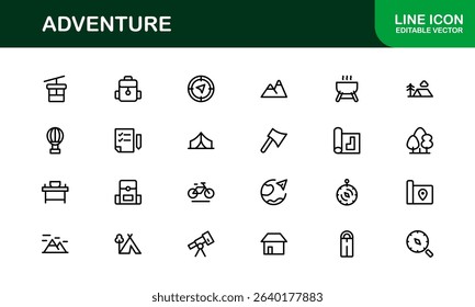 Explore the world with this dynamic Adventure icon set, featuring clean, versatile designs perfect for travel, exploration, and outdoor projects on stock platforms.