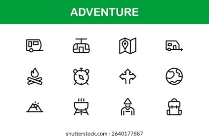 Explore the world with this dynamic Adventure icon set, featuring clean, versatile designs perfect for travel, exploration, and outdoor projects on stock platforms.