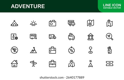 Explore the world with this dynamic Adventure icon set, featuring clean, versatile designs perfect for travel, exploration, and outdoor projects on stock platforms.
