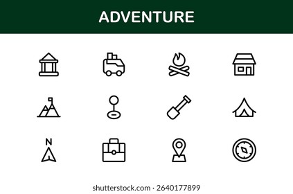 Explore the world with this dynamic Adventure icon set, featuring clean, versatile designs perfect for travel, exploration, and outdoor projects on stock platforms.