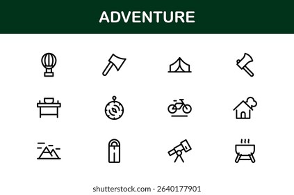 Explore the world with this dynamic Adventure icon set, featuring clean, versatile designs perfect for travel, exploration, and outdoor projects on stock platforms.