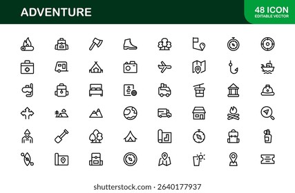Explore the world with this dynamic Adventure icon set, featuring clean, versatile designs perfect for travel, exploration, and outdoor projects on stock platforms.