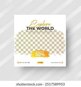 Explore the world tour and travel agency social media post set vector, or summer beach traveling social media post, or web banner template design.
