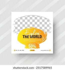 Explore the world tour and travel agency social media post set vector, or summer beach traveling social media post, or web banner template design.
