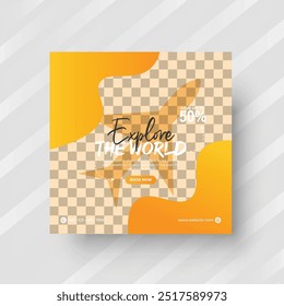 Explore the world tour and travel agency social media post set vector, or summer beach traveling social media post, or web banner template design.
