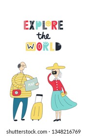 Explore the world - Tourists in the city. Man with a suitcase looks at a map. A woman next to him photographs sights. Vector illustration.