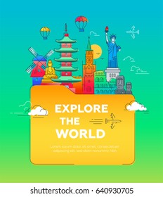 Explore the world - travel illustration of vector flat design postcard, banner, leaflet with famous world landmarks in a folder