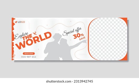 Explore the world travel timeline cover design for travel agency, red color, vector template, Social media banner design and Webinar cover template.