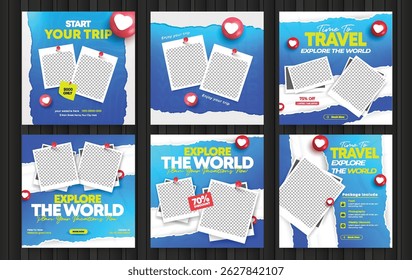 Explore the World Travel and Tour Social Media Templates set. Travelling, tourism or summer holiday tour online marketing banner poster design