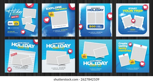 Explore the World Travel and Tour Social Media Templates set. Travelling, tourism or summer holiday tour online marketing banner poster design