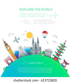 Explore the world - vector illustration of flat design travel composition with famous landmarks icons and copy space
