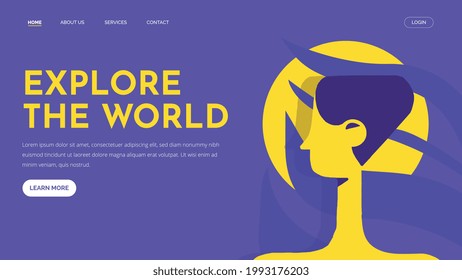 Explore the world web design template, with female character figure. Colorful and bright vector layout landing page. Flat design concept artwork illustration.