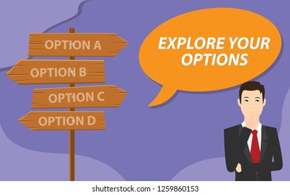 explore your options with business man thinking and a lot of option sign board vector illustration