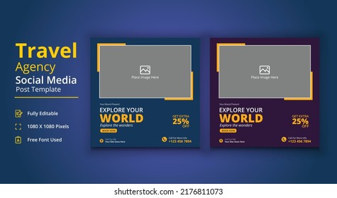 Explore Your World Social Media Template, Travel Agency Social Media Post Template, Travel Social Media Banner Post