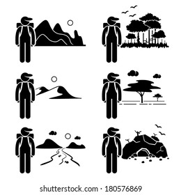 Explorer Adventure at Mountain Rainforest Desert Savanna River Cave Stick Figure Pictogram Icon