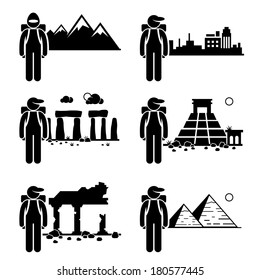 Explorer Adventure at Snow Mountain City Ancient Ruins Stone Temple Egypt Pyramid Stick Figure Pictogram Icon