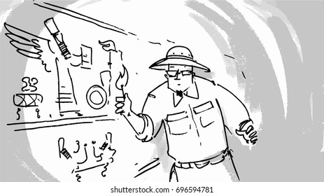 Explorer in an ancient ruin with a fire match . Researcher or archaeologist
