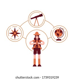 Explorer archetype flat concept vector illustration. Young boy scout 2D cartoon character for web design. Backpacking travel. Scientific expedition. Adventurer personality type creative idea