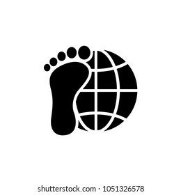 Explorer Around the World. Earth and Foot. Flat Vector Icon. Simple black symbol on white background