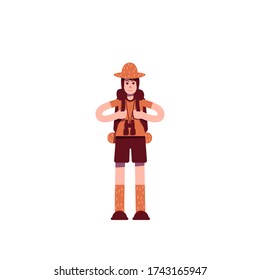 Explorer with backpack flat color vector character. Young boyscout. Backpacking travel. Scientific expedition. Male adventurer isolated cartoon illustration for web graphic design and animation