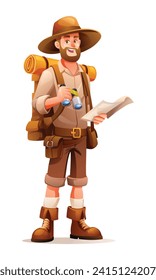 Explorer with backpack holding a map and binoculars. Cartoon character illustration isolated on white background