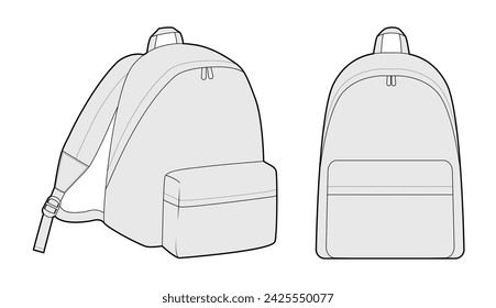 Bolso de la silueta de la mochila Explorer. Ilustración técnica de accesorios de moda. Vector bolso escolar frente 3-4 vista para hombres, mujeres, estilo unisex, bolso plano CAD mockup sketch contorno aislado