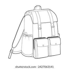 Explorer backpack silhouette bag. Fashion accessory technical illustration. Vector schoolbag 3-4 view for Men, women, unisex style, flat handbag CAD mockup sketch outline isolated