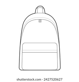 Explorer backpack silhouette bag. Fashion accessory technical illustration. Vector schoolbag front view for Men, women, unisex style, flat handbag CAD mockup sketch outline isolated