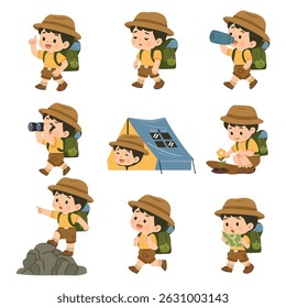 Explorer Boy in Adventure Outfit Clipart Set Illustration