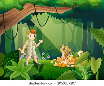 Explorer boy and cheetah in the jungle illustration