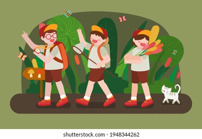 The explorer boy gang holding net and magnifying glass was walking search something in the park, cartoon character style, flat vector illustration