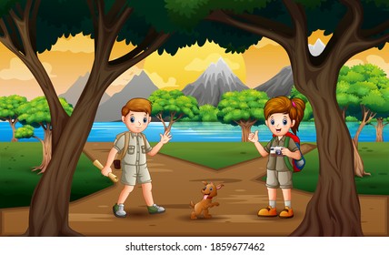 The explorer boy and girl in the nature landscape