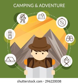 Explorer with Camping Icons and Mountain Background, Adventure Travel Concept