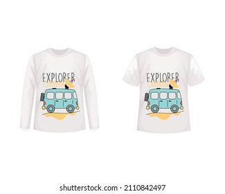 Explorer Caravan mit Satellit und Slogan auf T-Shirt für Designdruck