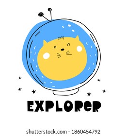explorer. cartoon cat, stars, hand drawing lettering. Colorful vector illustration for kids. flat style. baby design for cards, posters, t-shirt print.
