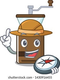 Explorer cartoon coffee grinder above wooden table