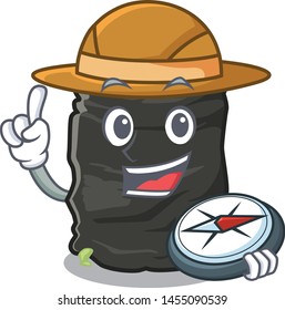 Explorer cartoon garbage bag next to table