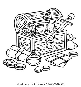 Explorer chest illustration for coloring. Fantasy character chest with adventure items. Treasure comic style doodle. Gold coins, sword and potions