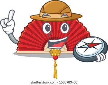 Explorer chinese folding fan cartoon character holding a compass