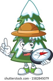 Explorer christmas tree snow cartoon character holding a compass