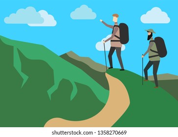 Explorer concept. Hiker in mountains. landscape Vector illustration. Eps