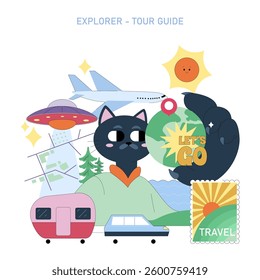 Explorer concept. The illustration represents a travel theme with a playful cat character as a tour guide. Elements include a plane, a UFO, and various modes of transport, highlighting adventure and