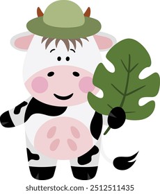 Explorer cow with hat holding a leaf
