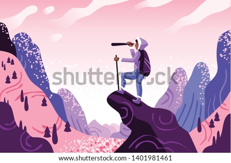 Explorer Discovery, Watch and Explore Touristic Valley with Traveller Backpack. Flat Color Icons, Creative Illustrations, Isometric Infographic Images, Web Banner