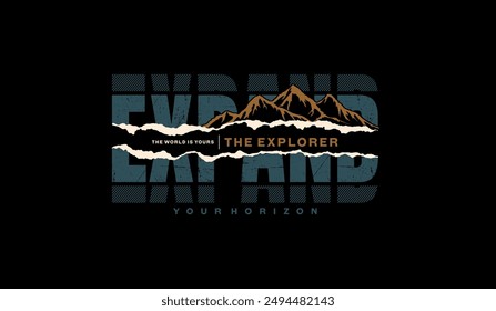 Explorador, horizonte expandido, tipografía abstracta y eslogan de diseño moderno. Ilustración vectorial gráfica para imprimir camiseta, ropa, fondo, póster, Anuncio, postal y/o redes sociales 